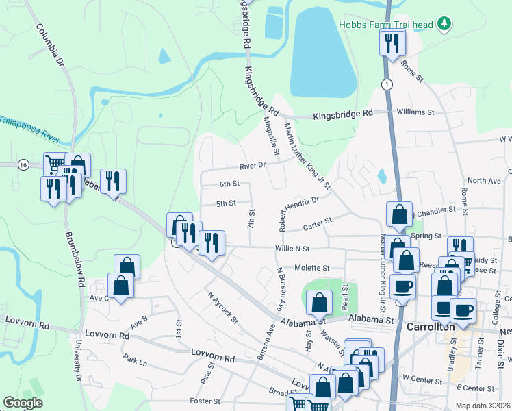map of restaurants, bars, coffee shops, grocery stores, and more near 201 7th Street in Carrollton