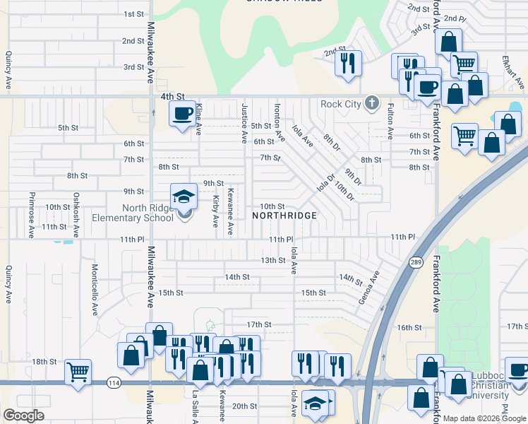 map of restaurants, bars, coffee shops, grocery stores, and more near 1004 Juneau Avenue in Lubbock