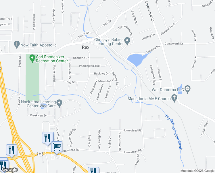 map of restaurants, bars, coffee shops, grocery stores, and more near 6145 Lauren Lane in Rex