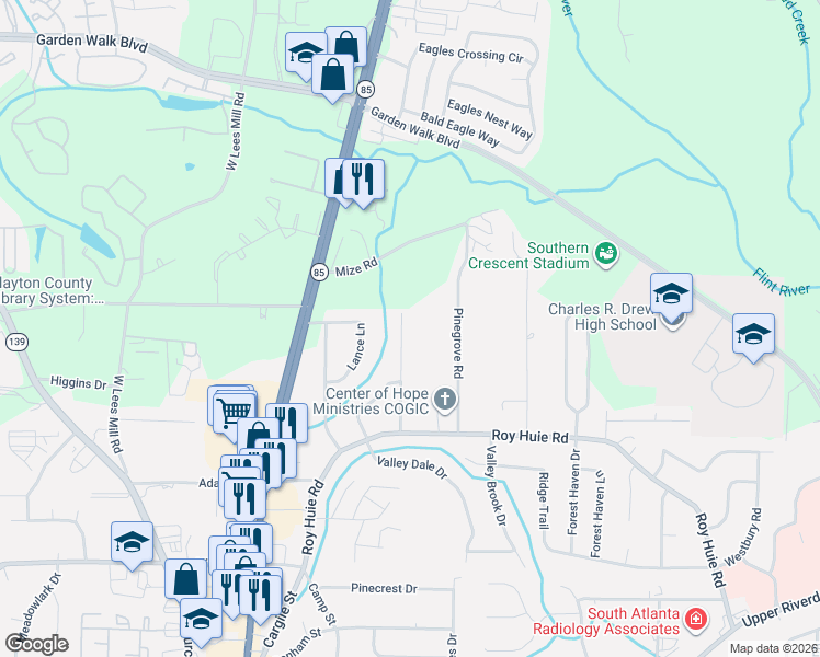 map of restaurants, bars, coffee shops, grocery stores, and more near 6477 River Run Road in Riverdale