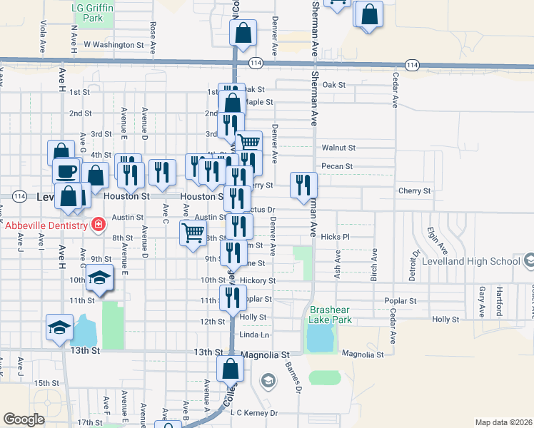 map of restaurants, bars, coffee shops, grocery stores, and more near 114 Cactus Drive in Levelland