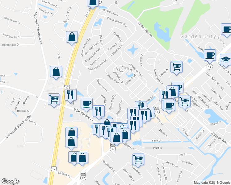 map of restaurants, bars, coffee shops, grocery stores, and more near 57 Offshore Drive in Murrells Inlet