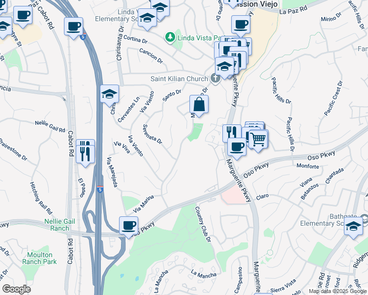 map of restaurants, bars, coffee shops, grocery stores, and more near 25912 Montanoso Drive in Mission Viejo