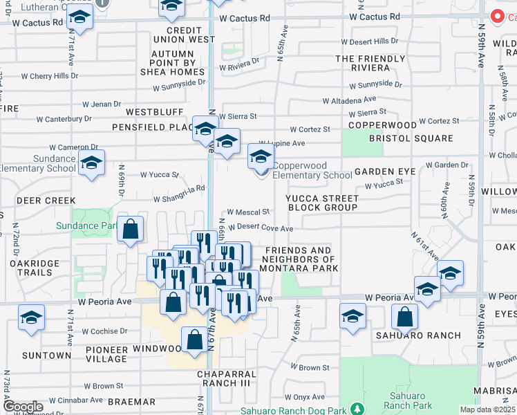 map of restaurants, bars, coffee shops, grocery stores, and more near 6526 West Mescal Street in Glendale
