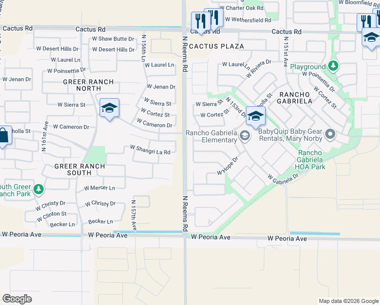map of restaurants, bars, coffee shops, grocery stores, and more near 11266 North 154th Lane in Surprise