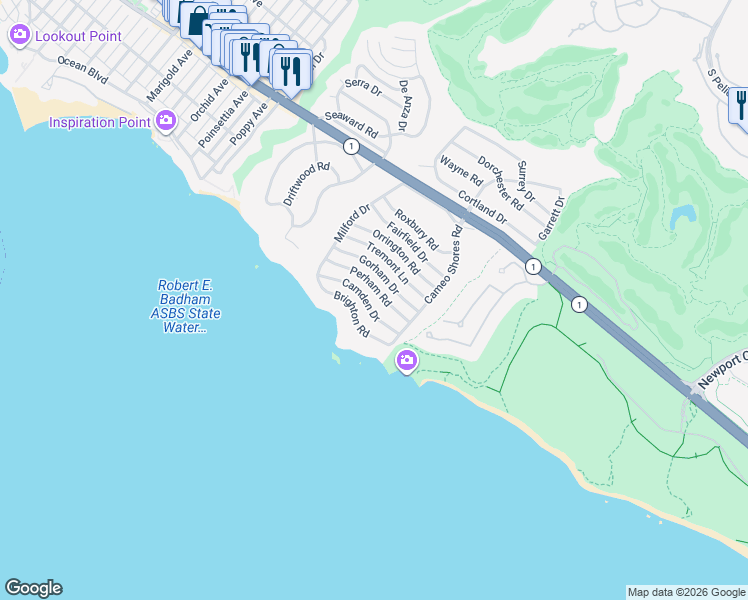 map of restaurants, bars, coffee shops, grocery stores, and more near 4607 Perham Road in Newport Beach