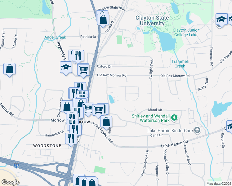 map of restaurants, bars, coffee shops, grocery stores, and more near 6174 Huie Drive in Morrow