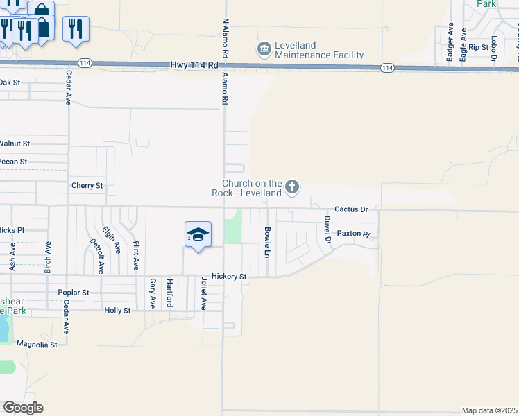 map of restaurants, bars, coffee shops, grocery stores, and more near 1399 Cactus Drive in Levelland