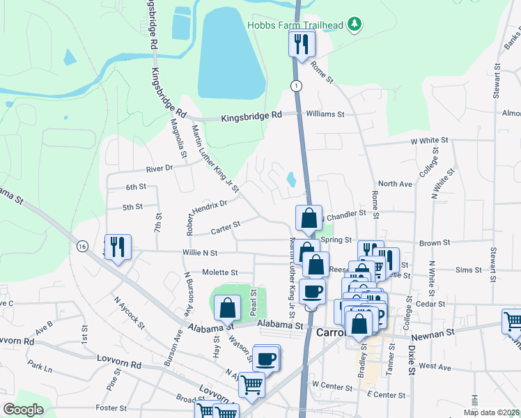 map of restaurants, bars, coffee shops, grocery stores, and more near 705 Martin Luther King Junior Street in Carrollton