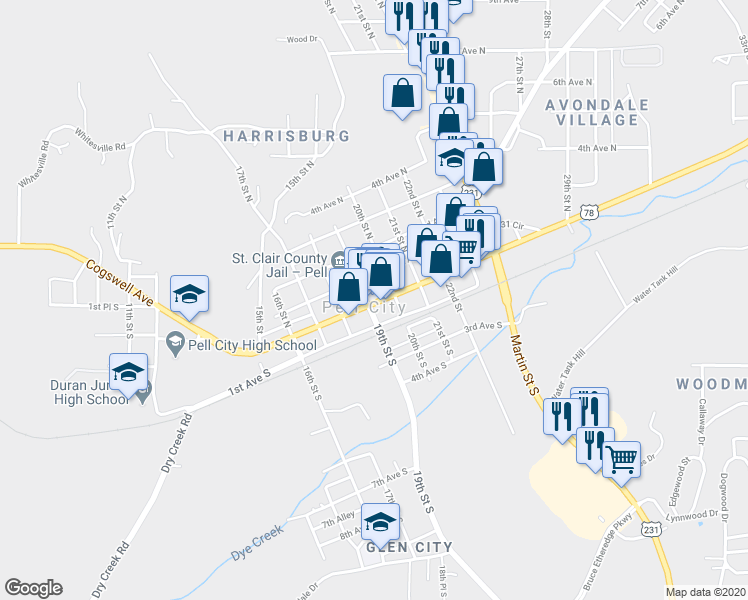 map of restaurants, bars, coffee shops, grocery stores, and more near 1903 Cogswell Avenue in Pell City