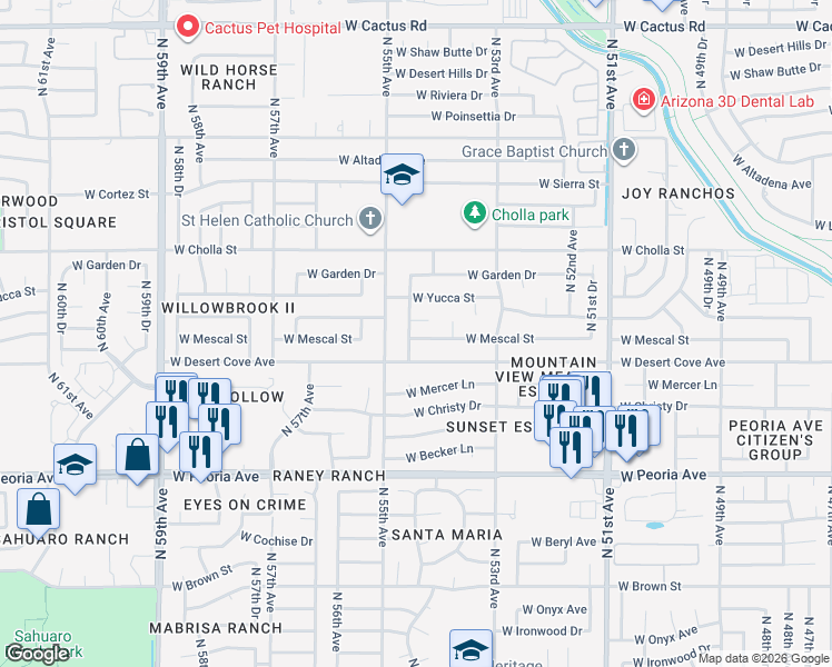 map of restaurants, bars, coffee shops, grocery stores, and more near 5414 West Mescal Street in Glendale