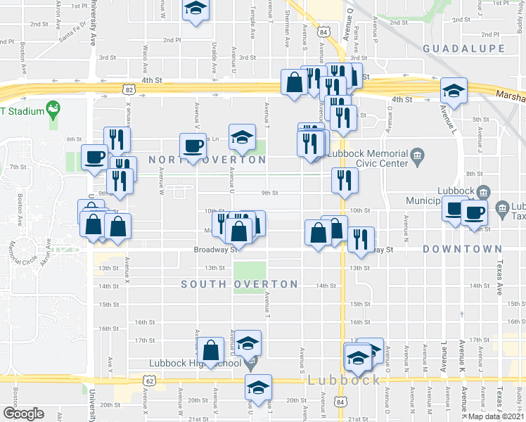 map of restaurants, bars, coffee shops, grocery stores, and more near 2010 10th Street in Lubbock