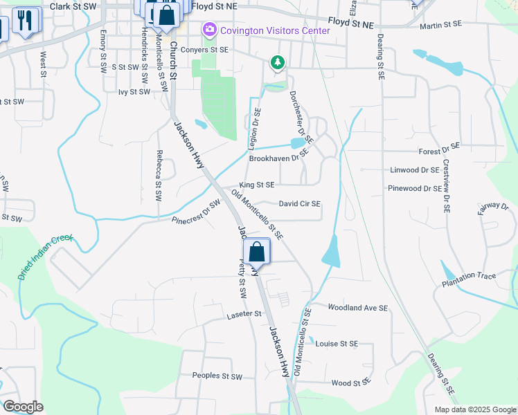 map of restaurants, bars, coffee shops, grocery stores, and more near 5141 Old Monticello Street Southeast in Covington