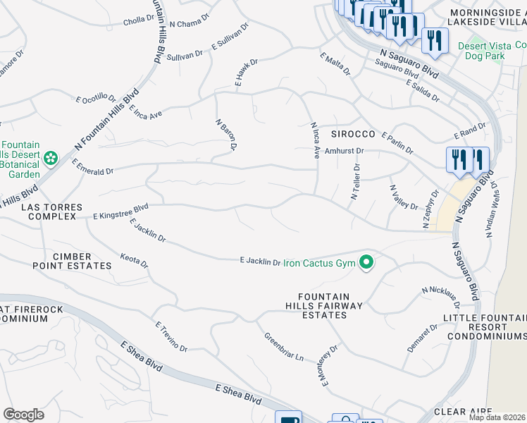 map of restaurants, bars, coffee shops, grocery stores, and more near 16633 East Kingstree Boulevard in Fountain Hills
