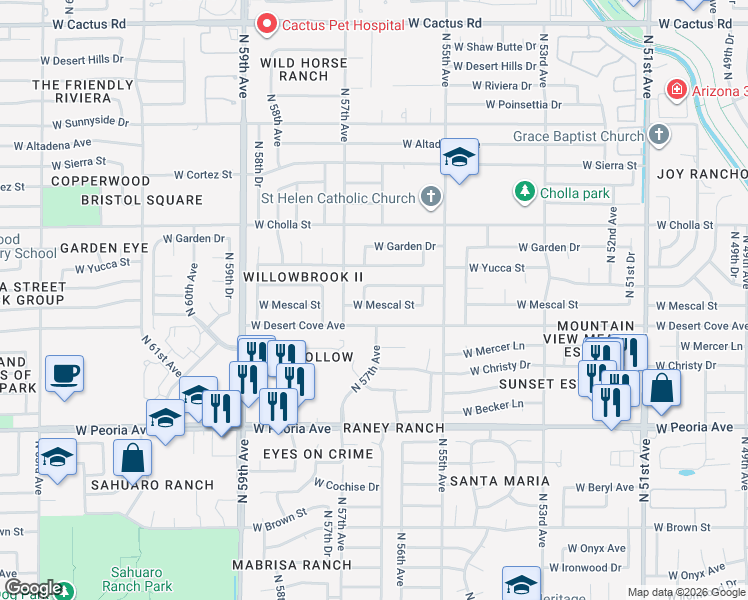 map of restaurants, bars, coffee shops, grocery stores, and more near 5628 West Mescal Street in Glendale