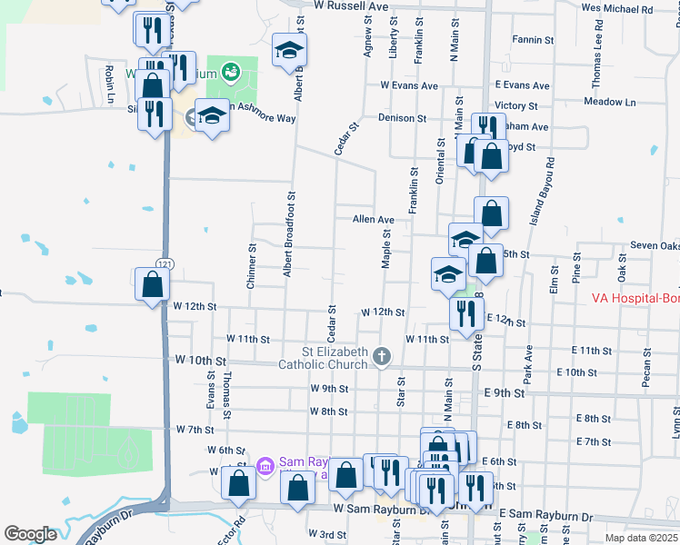 map of restaurants, bars, coffee shops, grocery stores, and more near 1306 Cedar Street in Bonham