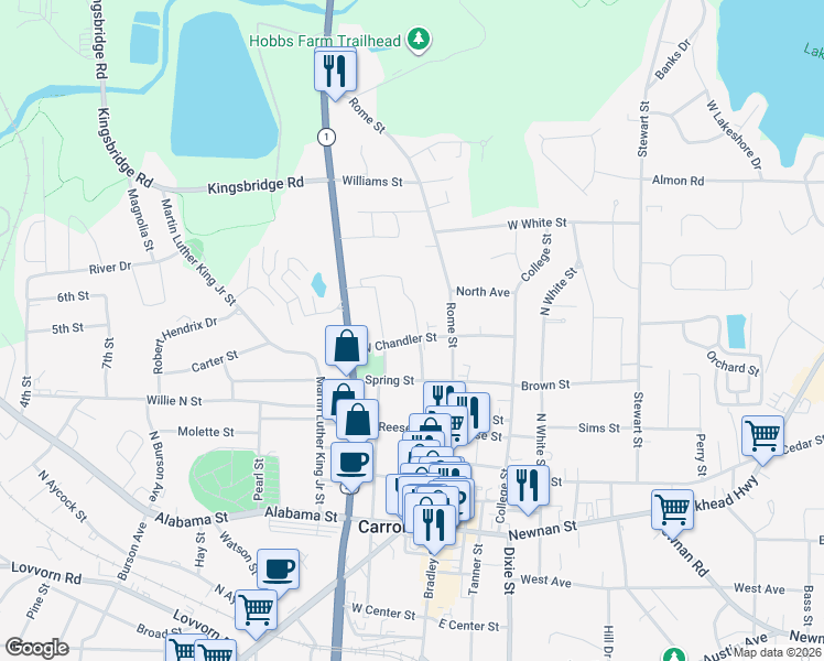 map of restaurants, bars, coffee shops, grocery stores, and more near 123 West Chandler Street in Carrollton