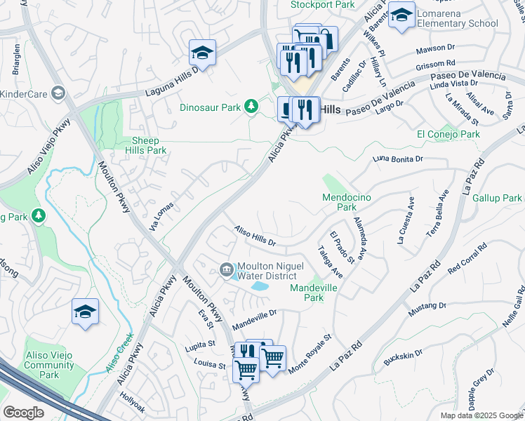 map of restaurants, bars, coffee shops, grocery stores, and more near 25882 El Segundo Street in Laguna Hills