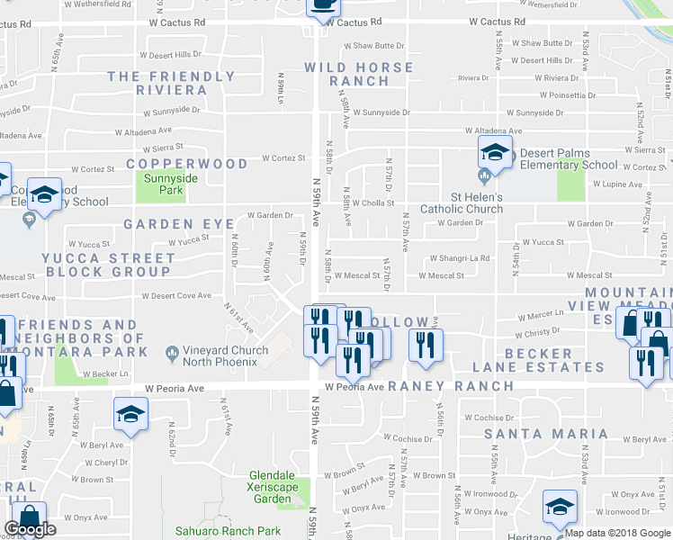 map of restaurants, bars, coffee shops, grocery stores, and more near 5828 West Mescal Street in Glendale