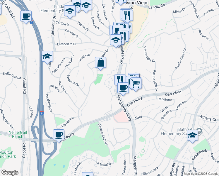 map of restaurants, bars, coffee shops, grocery stores, and more near 25911 Blascos in Mission Viejo