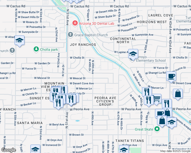 map of restaurants, bars, coffee shops, grocery stores, and more near 4856 West Mescal Street in Glendale