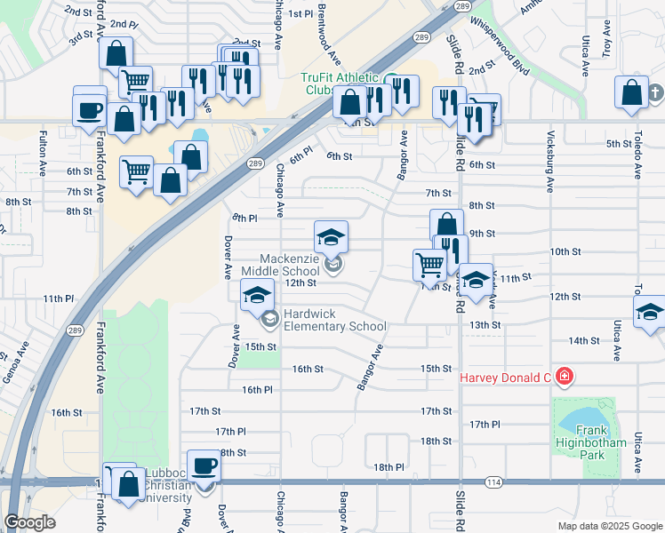 map of restaurants, bars, coffee shops, grocery stores, and more near 5402 12th Street in Lubbock