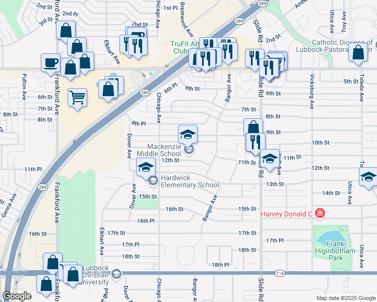 map of restaurants, bars, coffee shops, grocery stores, and more near 5402 12th Street in Lubbock