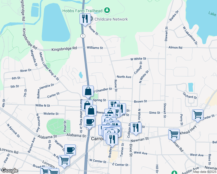 map of restaurants, bars, coffee shops, grocery stores, and more near 103 Wrenwood Lane in Carrollton