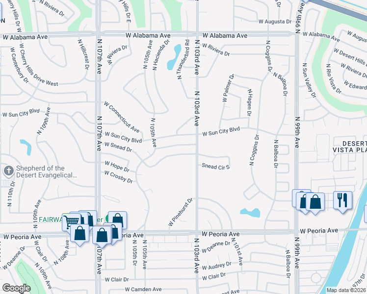 map of restaurants, bars, coffee shops, grocery stores, and more near 10325 West Monterosa Drive in Sun City
