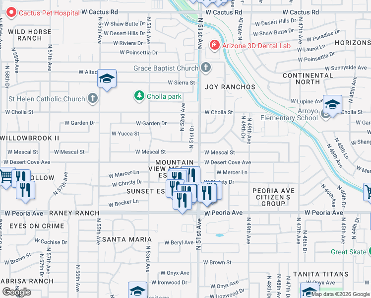 map of restaurants, bars, coffee shops, grocery stores, and more near 5122 W Mescal St in Glendale