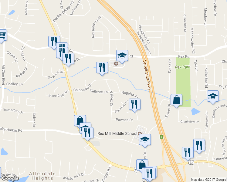 map of restaurants, bars, coffee shops, grocery stores, and more near 6166 Valdez Drive in Rex