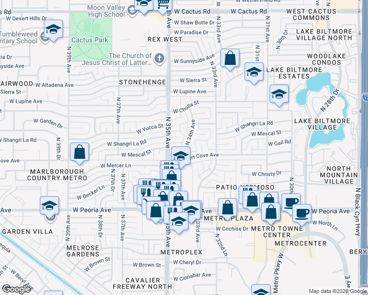 map of restaurants, bars, coffee shops, grocery stores, and more near 11022 North 34th Avenue in Phoenix