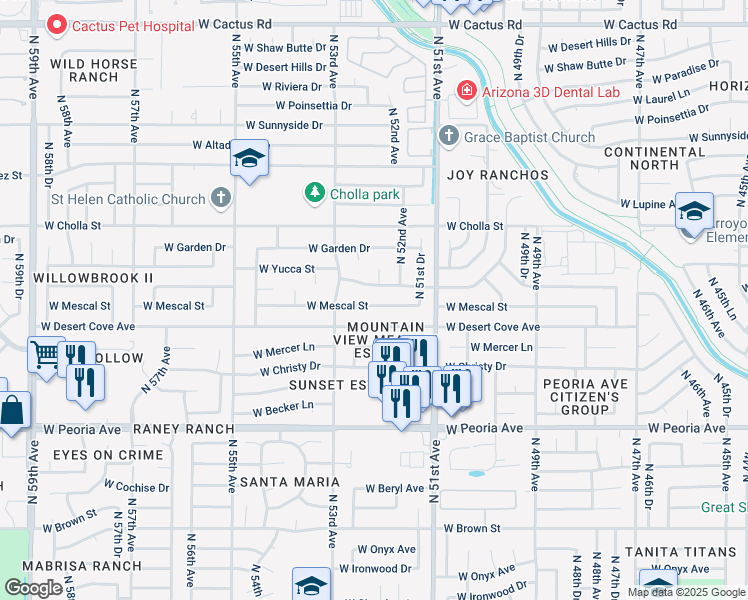 map of restaurants, bars, coffee shops, grocery stores, and more near 5214 West Mescal Street in Glendale