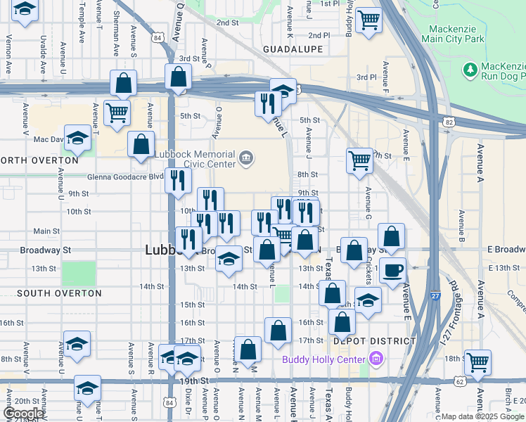 map of restaurants, bars, coffee shops, grocery stores, and more near 1350 10th Street in Lubbock