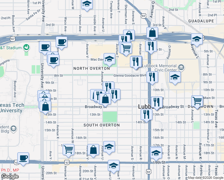 map of restaurants, bars, coffee shops, grocery stores, and more near in Lubbock