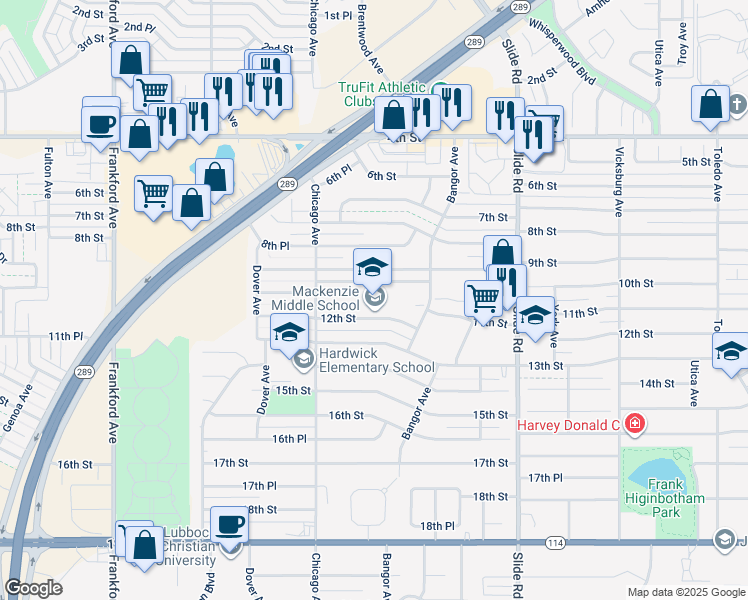 map of restaurants, bars, coffee shops, grocery stores, and more near 5402 12th St in Lubbock