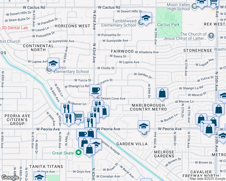 map of restaurants, bars, coffee shops, grocery stores, and more near 4132 West Mescal Street in Phoenix