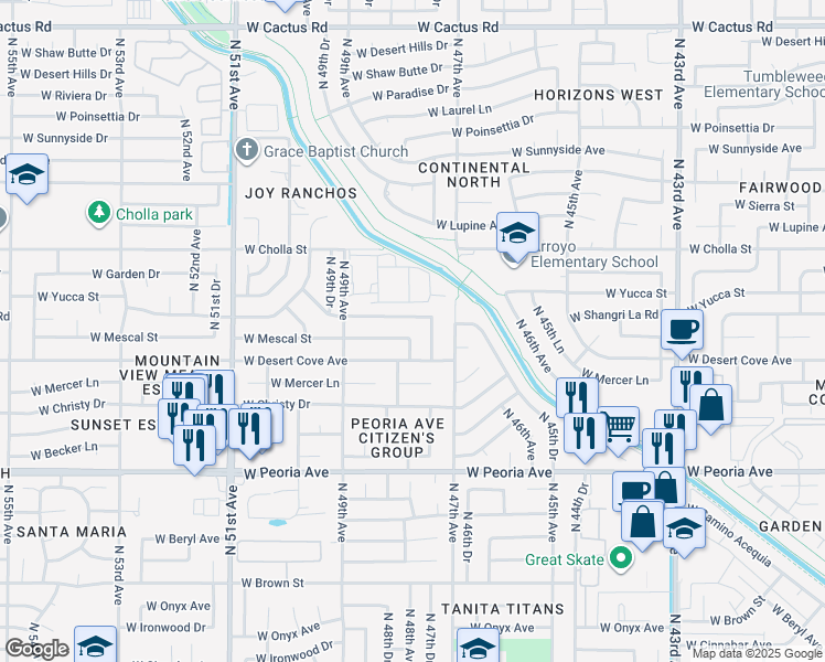 map of restaurants, bars, coffee shops, grocery stores, and more near 4820 West Mescal Street in Glendale