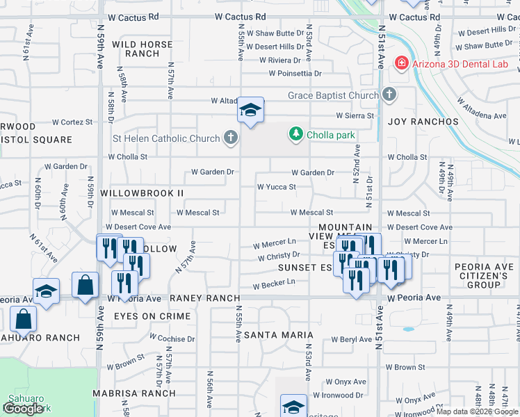 map of restaurants, bars, coffee shops, grocery stores, and more near 5414 West Mescal Street in Glendale