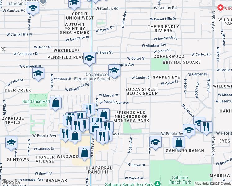 map of restaurants, bars, coffee shops, grocery stores, and more near 6526 West Mescal Street in Glendale