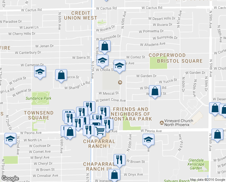 map of restaurants, bars, coffee shops, grocery stores, and more near 6526 West Mescal Street in Glendale