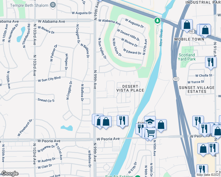 map of restaurants, bars, coffee shops, grocery stores, and more near 11295 North 99th Avenue in Peoria