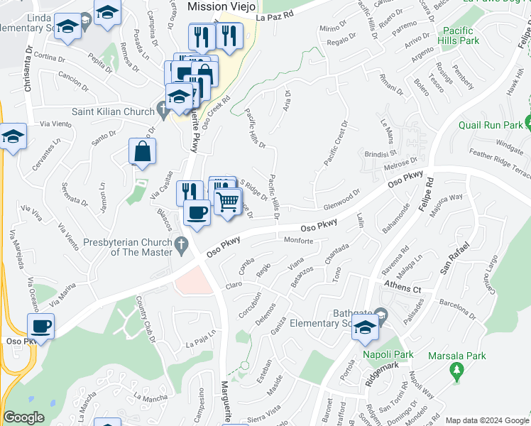 map of restaurants, bars, coffee shops, grocery stores, and more near 27107 Pacific Terrace Drive in Mission Viejo