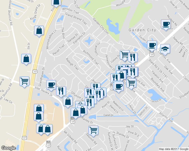 map of restaurants, bars, coffee shops, grocery stores, and more near 2952 Clemson Trail in Murrells Inlet