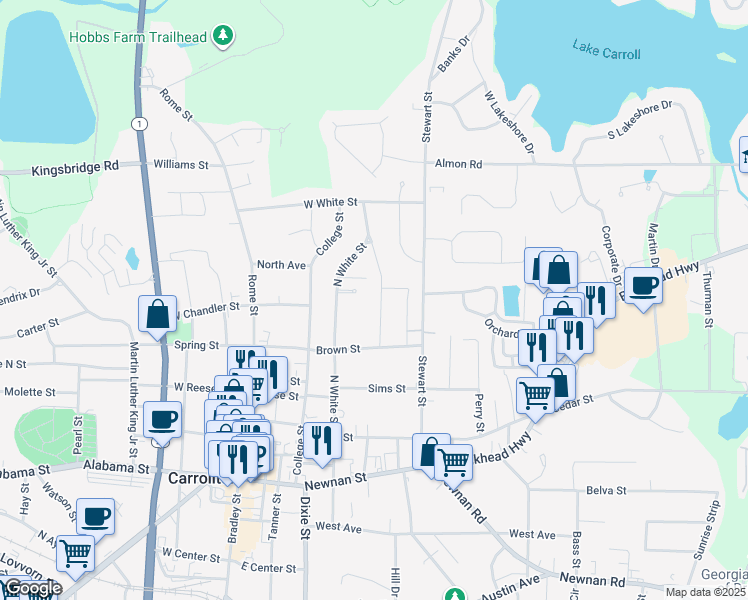 map of restaurants, bars, coffee shops, grocery stores, and more near 142 Cherry Street in Carrollton