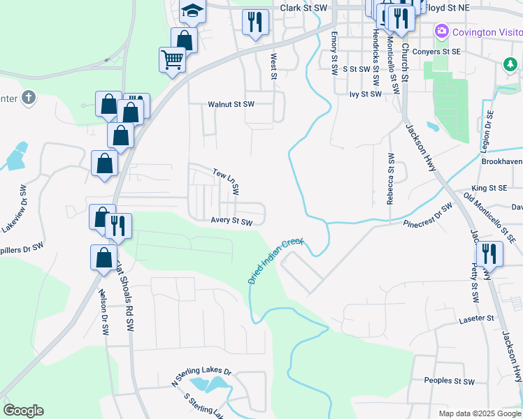 map of restaurants, bars, coffee shops, grocery stores, and more near 6387 Avery Street Southwest in Covington