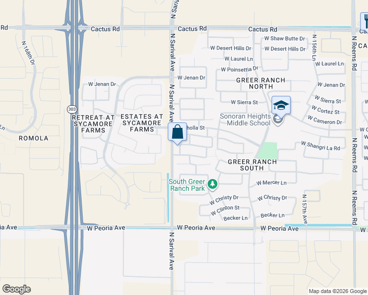 map of restaurants, bars, coffee shops, grocery stores, and more near 16249 West Shangri La Road in Surprise
