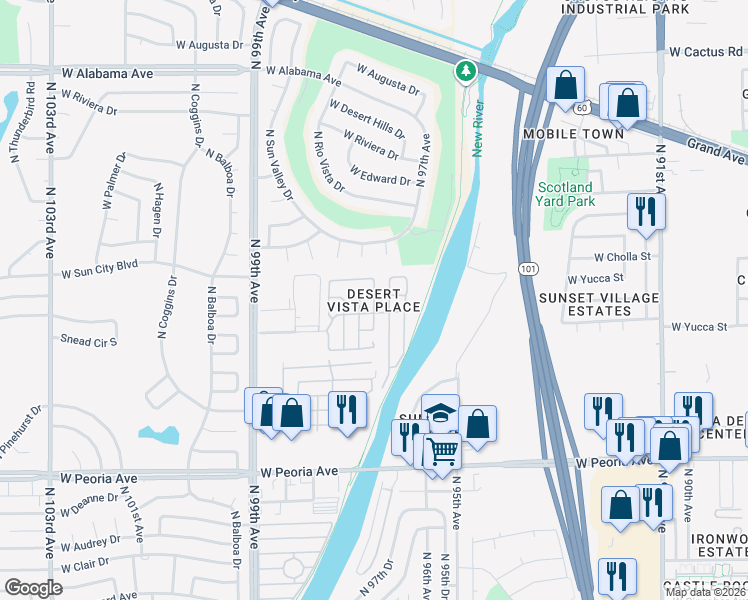 map of restaurants, bars, coffee shops, grocery stores, and more near 11275 North 99th Avenue in Peoria