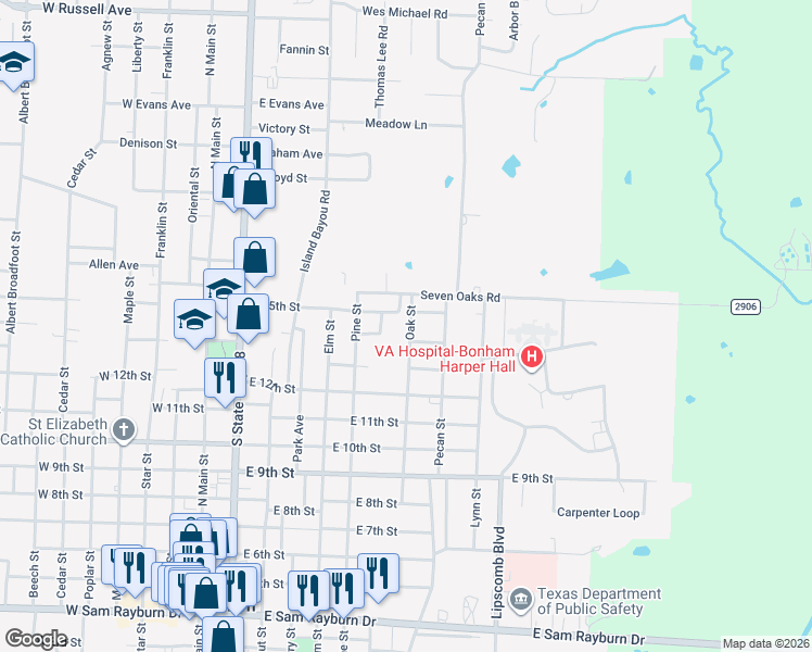 map of restaurants, bars, coffee shops, grocery stores, and more near 1411 Oak Street in Bonham