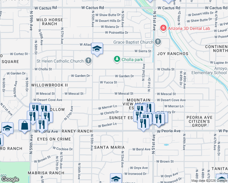 map of restaurants, bars, coffee shops, grocery stores, and more near 5330 West Mescal Street in Glendale